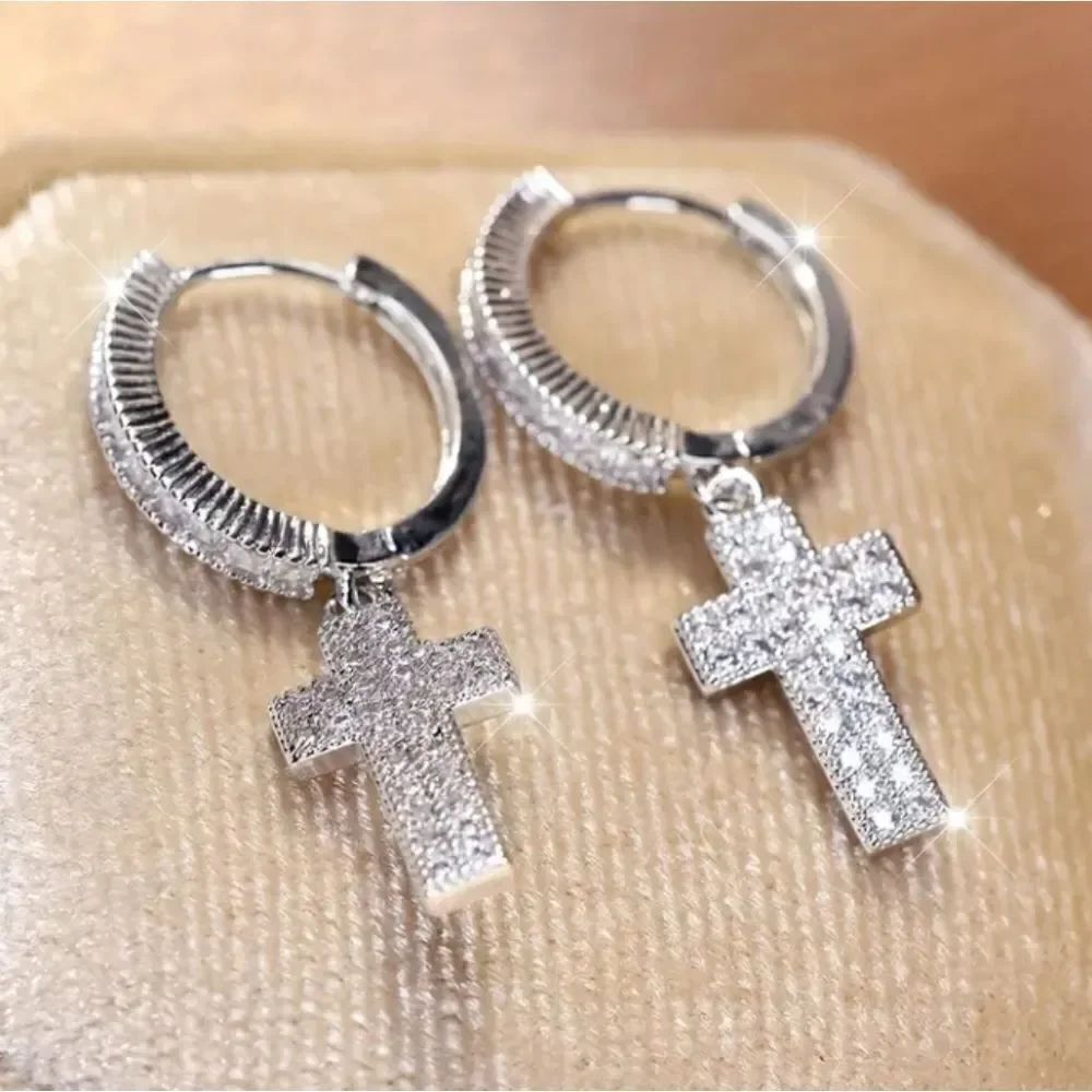 Silver Cross Rhinestone Dangle Earrings